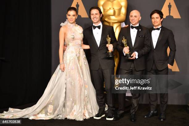 Actor Hailee Steinfeld, director Alan Barillaro and producer Marc Sondheimer, winners of the Best Animated Short Film award for 'Piper,' and actor...