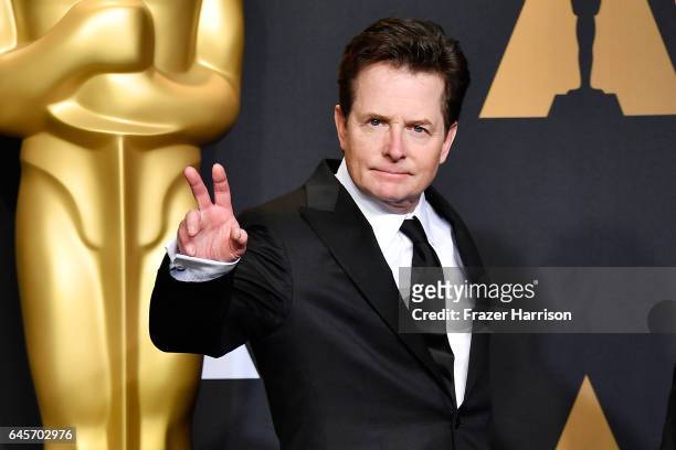Actor Michael J. Fox poses in the press room during the 89th Annual Academy Awards at Hollywood & Highland Center on February 26, 2017 in Hollywood,...