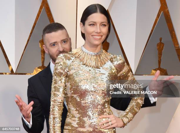 Nominees for Best Music "Can't Stop The Feeling" from Trolls Justin Timberlake and his wife US actress Jessica Biel arrive on the red carpet for the...