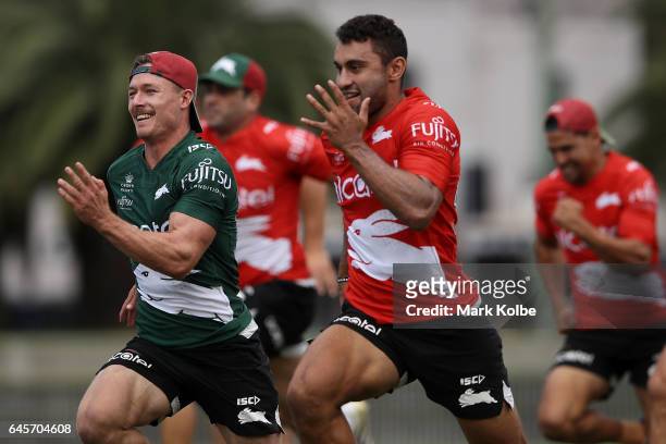 Damien Cook and Alex Johnston race during the South Sydney Rabbitohs NRL training session at Redfern Oval on February 27, 2017 in Sydney, Australia.