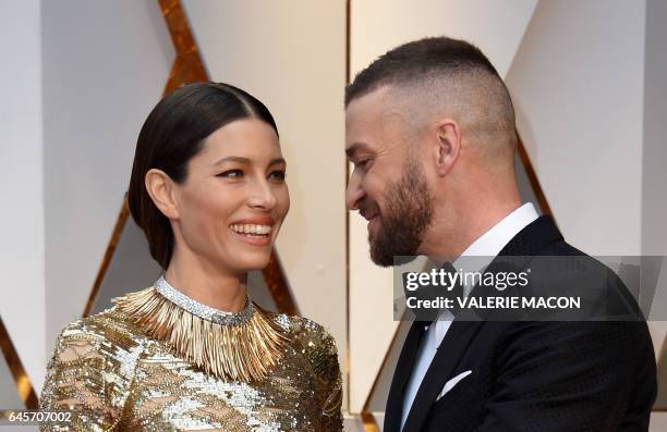 Nominees for Best Music "Can't Stop The Feeling" from Trolls Justin Timberlake and his wife US actress Jessica Biel arrive on the red carpet for the...