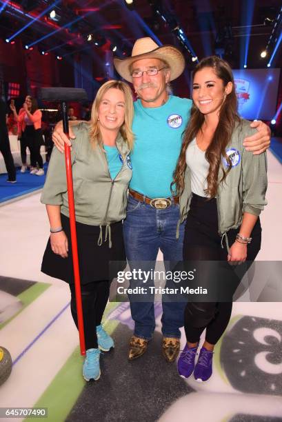 Konny Reimann and his wife Manuela Manu Reimann, Sarah Lombardi attend the TV Show 'Der Grosse RTL2 Promi Curling Abend' on February 26, 2017 in...