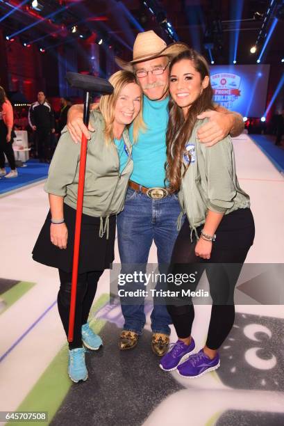 Konny Reimann and his wife Manuela Manu Reimann, Sarah Lombardi attend the TV Show 'Der Grosse RTL2 Promi Curling Abend' on February 26, 2017 in...