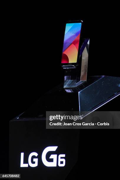 The new LG device G6 is displayed during the LG G6 launch, during the Mobile World Congress, on February 26, 2017 in Barcelona, Spain.