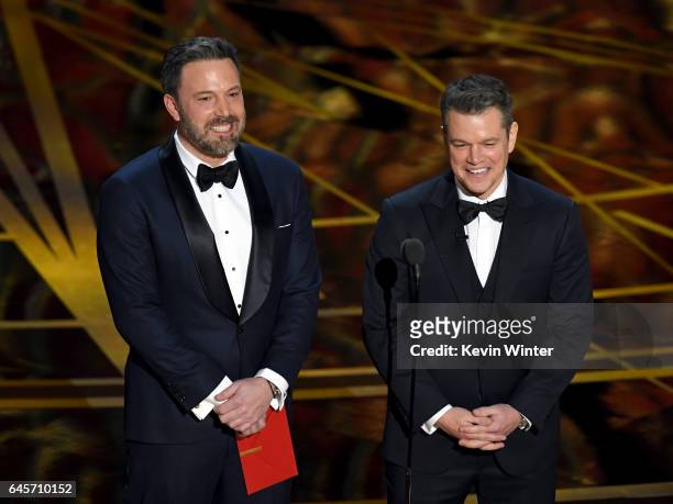 Actor/director Ben Affleck and actor/producer Matt Damon speak onstage during the 89th Annual Academy Awards at Hollywood & Highland Center on...
