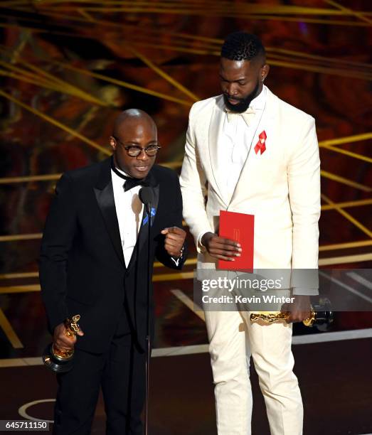 Writer/director Barry Jenkins and writer Tarell Alvin McCraney accept Best Adapted Screenplay for 'Moonlight' onstage during the 89th Annual Academy...