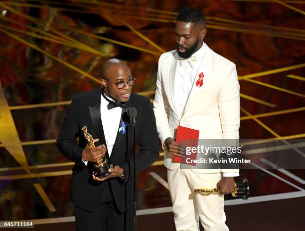 Writer/director Barry Jenkins and writer Tarell Alvin McCraney accept Best Adapted Screenplay for 'Moonlight' onstage during the 89th Annual Academy...