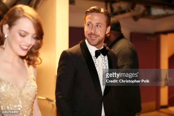Actors Emma Stone and Ryan Gosling backstage during the 89th Annual Academy Awards at Hollywood & Highland Center on February 26, 2017 in Hollywood,...