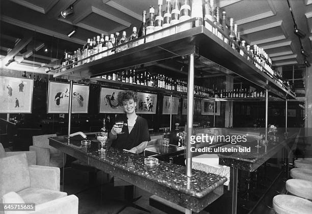 Club "Die Insel" am Alsterufer 35 in Hamburg-Rotherbaum - die Bar mit einem Tresen aus Granit; dahinter Bardame Margit