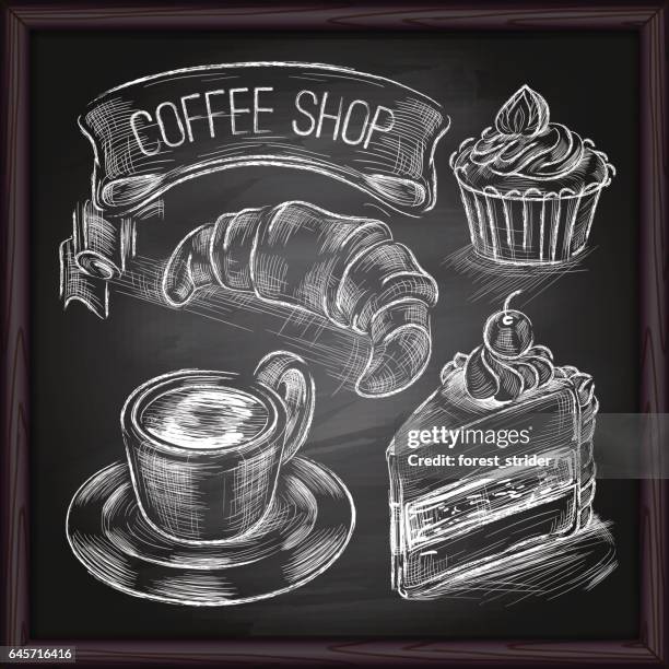 Coffee Cafe Set Drawing On Chalkboard High-Res Vector Graphic