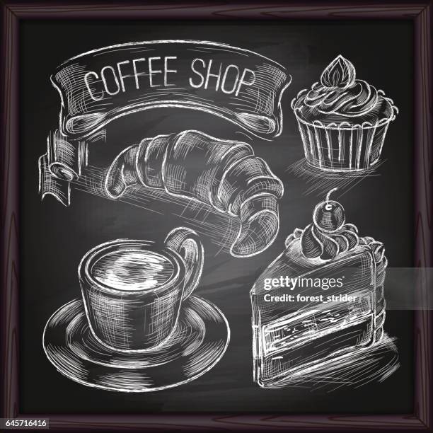 coffee & cafe set drawing on chalkboard - chalkboard menu stock illustrations