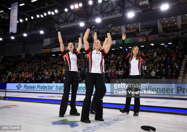 Lisa Weagle, Joanne Courtney, Emma Miskew and Rachel Homan of Ontario celebrate victory in the Gold Medal match against Manitoba during the 2017...