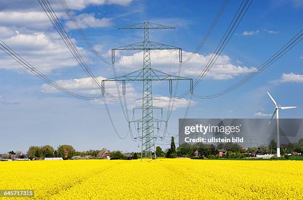 Rapsfeld, Strommasten und Windrad, Ökostrom, Netzausbau und Energiewende