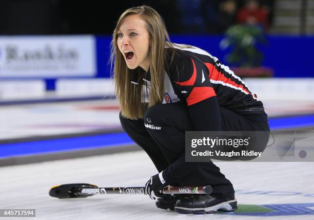 Rachel Homan of Ontario shouts to teammates in the Gold Medal match against Manitoba during the 2017 Scotties Tournament of Hearts at the Meridian...
