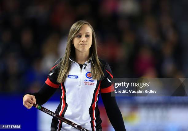 Rachel Homan of Ontario reacts after a shot in the Gold Medal match against Manitoba during the 2017 Scotties Tournament of Hearts at the Meridian...