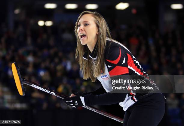 Rachel Homan of Ontario shouts to teammates in the Gold Medal match against Manitoba during the 2017 Scotties Tournament of Hearts at the Meridian...