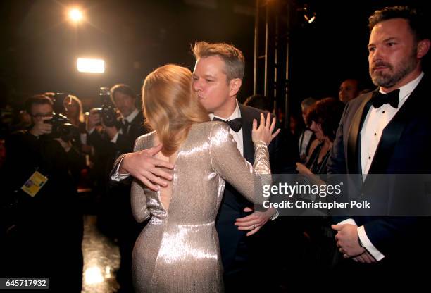 Actors Amy Adams, Matt Damon and Ben Affleck backstage during the 89th Annual Academy Awards at Hollywood & Highland Center on February 26, 2017 in...