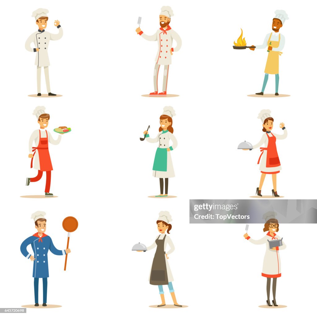 Professional Cooking Chefs Working In Restaurant Wearing Classic  Traditional White Uniform Set Of Cartoon Characters High-Res Vector Graphic  - Getty Images