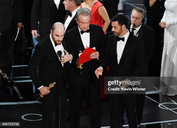 La La Land' producer Jordan Horowitz announces the actual Best Picture winner as 'Moonlight' after a presentation error with actor Warren Beatty...