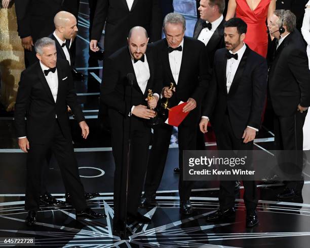 La La Land' producer Jordan Horowitz announces the actual Best Picture winner as 'Moonlight' after a presentation error with actor Warren Beatty...