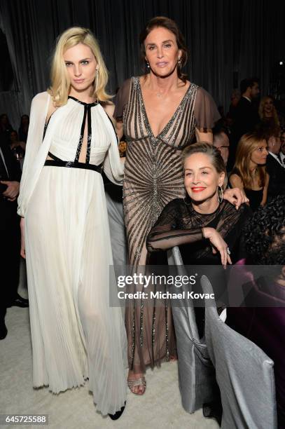 Model Andreja Pejic, TV personality Caitlyn Jenner, and actor Sharon Stone attend the 25th Annual Elton John AIDS Foundation's Academy Awards Viewing...