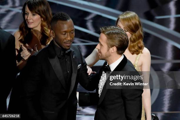 Moonlight' actor Mahershala Ali with Ryan Gosling and Emma Stone after it was discovered 'La La Land' was mistakenly announced as Best Picture...