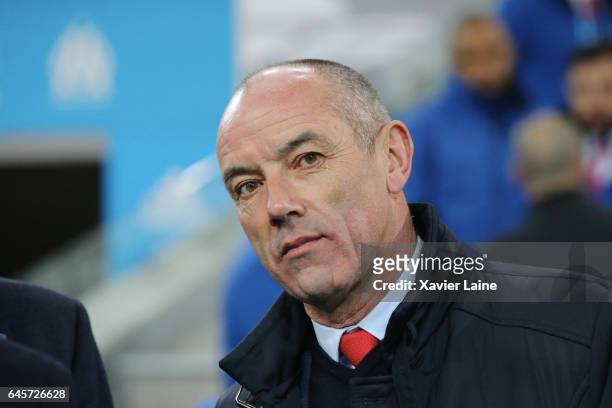 Paul Le Guen attends the French Ligue 1 match Olympique de Marseille and Paris Saint Germain at Orange Stade Velodrome on February 26, 2017 in...