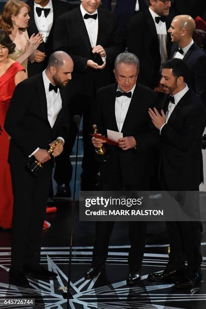 Actor Warren Beatty holds the card reading Best Film 'Moonlight" next to "La La Land" producer Jordan Horowitz and host Jimmy Kimmel after...