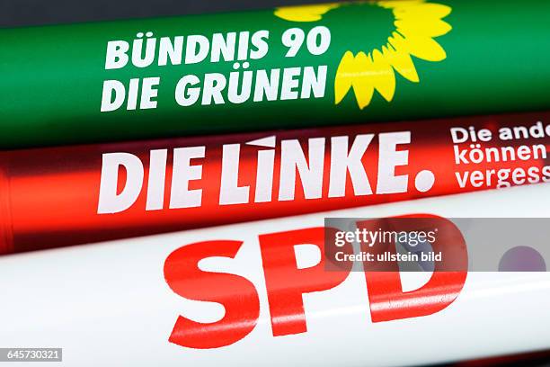 Kugelschreiber von der SPD, die Grünen und die Linke, Symbolfoto rot-rot-grüne Koalition