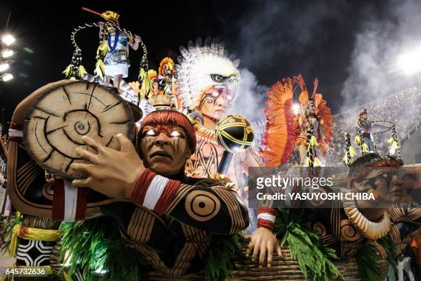 Revellers of the Imperatriz Leopoldinense samba school perform during the first night of Rio's Carnival at the Sambadrome in Rio de Janeiro, Brazil,...