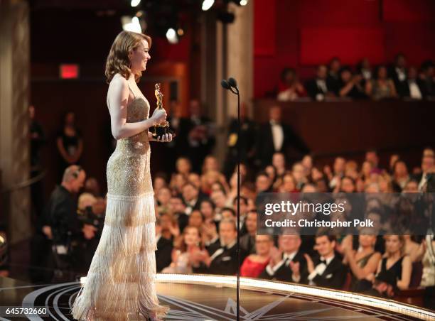 Actress Emma Stone accepts Best Actress for 'La La Land' onstage during the 89th Annual Academy Awards at Hollywood & Highland Center on February 26,...