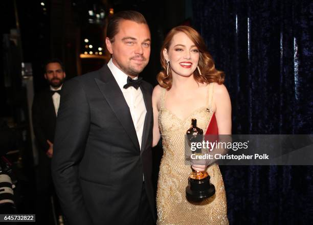 Actor Leonardo DiCaprio and actress Emma Stone, winner of Best Actress for 'La La Land' pose backstage during the 89th Annual Academy Awards at...