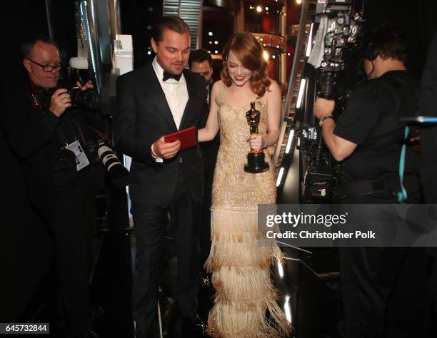 Actor Leonardo DiCaprio and actress Emma Stone, winner of Best Actress for 'La La Land' backstage during the 89th Annual Academy Awards at Hollywood...