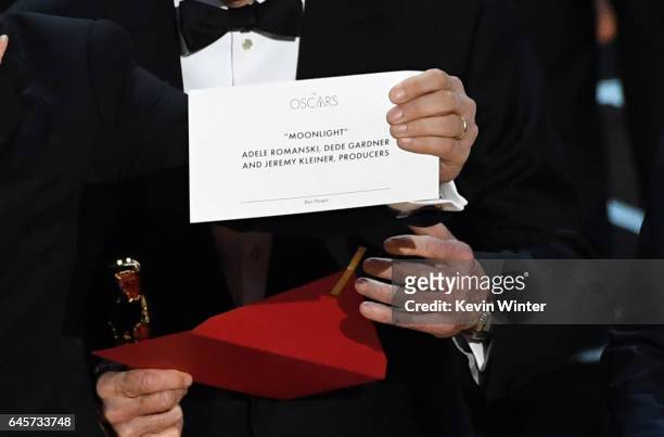 Detail shot as 'La La Land' producer Jordan Horowitz holds up the winner card reading actual Best Picture winner 'Moonlight' onstage during the 89th...