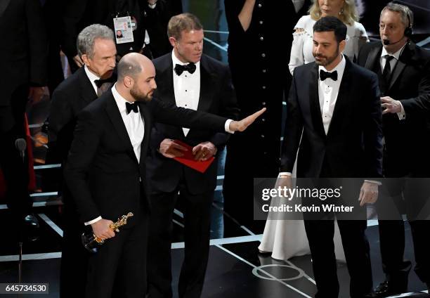 La La Land' producer Jordan Horowitz stops the show to announce the actual Best Picture winner as 'Moonlight' following a presentation error with...