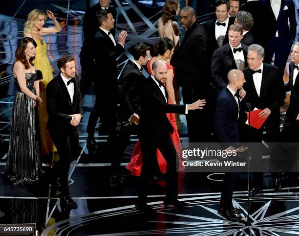 La La Land' producer Jordan Horowitz stops the show to announce the actual Best Picture winner as 'Moonlight' following a presentation error with...