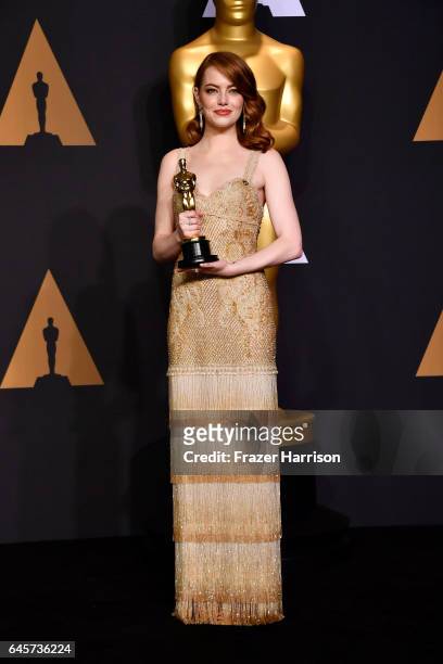 Actress Emma Stone, winner of Best Actress for 'La La Land' poses in the press room during the 89th Annual Academy Awards at Hollywood & Highland...