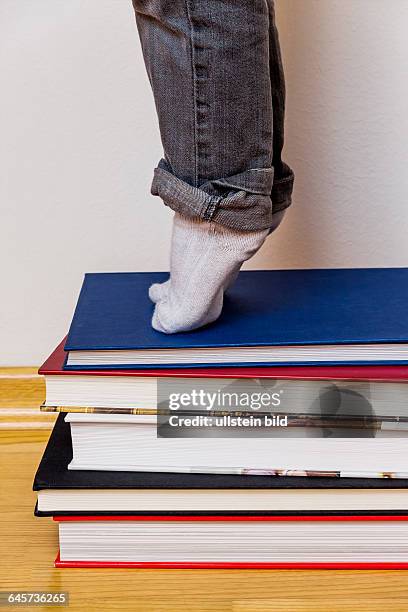 Kind steht auf einem Stapel Bücher, Symbol für Schulbildung, Lesekompetenz, Lernförderung