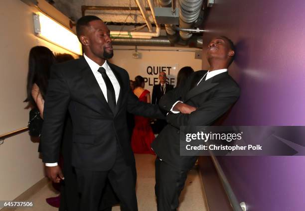 Actors Trevante Rhodes and Ashton Sanders backstage during the 89th Annual Academy Awards at Hollywood & Highland Center on February 26, 2017 in...