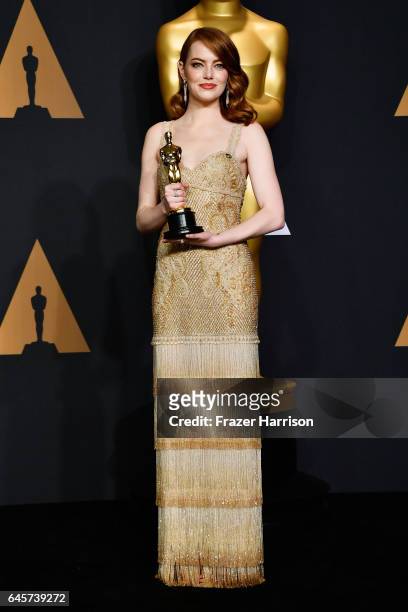 Actress Emma Stone, winner of Best Actress for 'La La Land' poses in the press room during the 89th Annual Academy Awards at Hollywood & Highland...