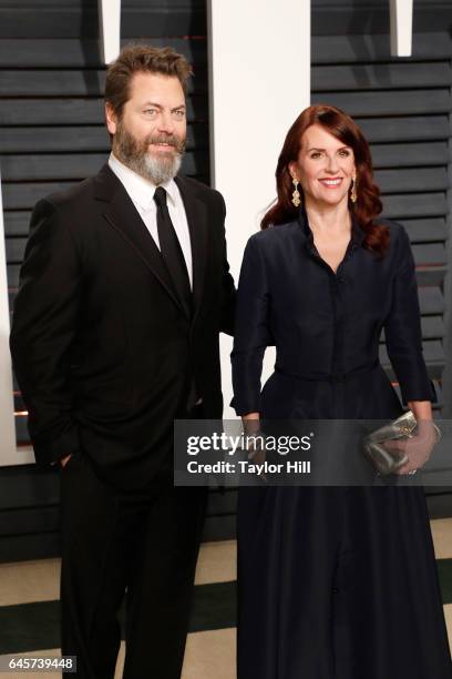 Actors Nick Offerman and Megan Mullally attend 2017 Vanity Fair Oscar Party Hosted By Graydon Carter at Wallis Annenberg Center for the Performing...