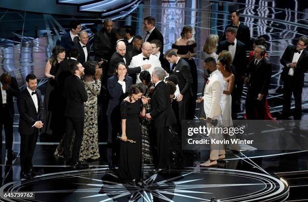 Producer Adele Romanski , writer/director Barry Jenkins, producer Jeremy Kleiner and cast/crew members accept Best Picture for 'Moonlight' onstage...