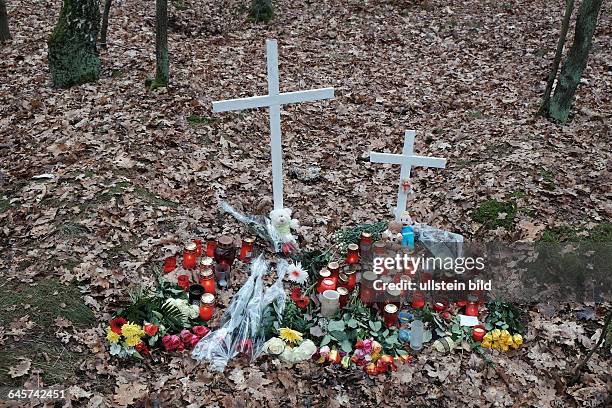 Erinnerung an Mordopfer, in der Köllnischen Heide in Berlin-Adlershof erinnern Kreuze und Blumen an die ermordete Maria P.