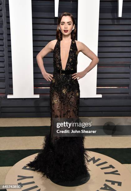 Actress Lily Collins attends the 2017 Vanity Fair Oscar Party hosted by Graydon Carter at Wallis Annenberg Center for the Performing Arts on February...