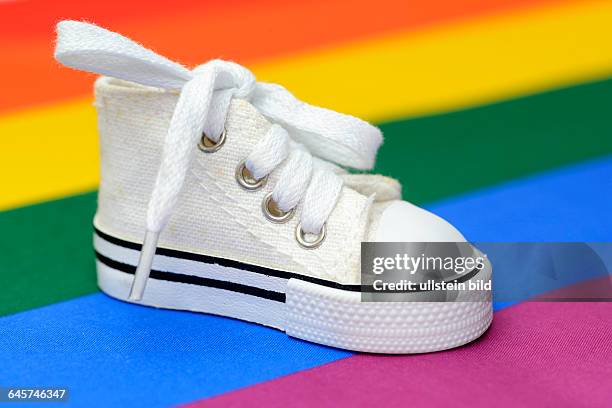 Turnschuh auf Regenbogenfahne