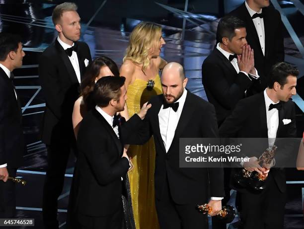 La La Land' producer Jordan Horowitz stops the show to announce the actual Best Picture winner as 'Moonlight' following a presentation error with...