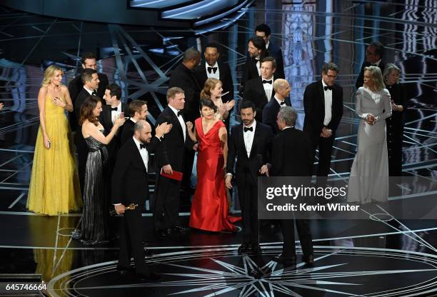 La La Land' producer Jordan Horowitz stops the show to announce the actual Best Picture winner as 'Moonlight' following a presentation error onstage...