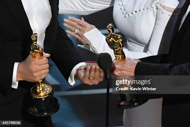 Closeup detail shot of Oscar statuettes as 'La La Land' producer Jordan Horowitz accepts Best Picture after a presentation error with actor Warren...