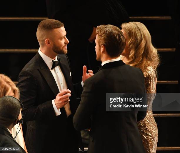 Actors Justin Timberlake and Ryan Gosling in the audience during the 89th Annual Academy Awards at Hollywood & Highland Center on February 26, 2017...