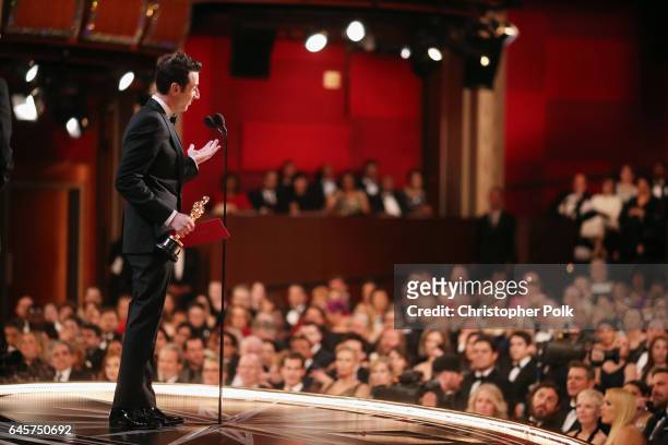 Composer Justin Hurwitz accepts Best Original Score for 'La La Land' onstage backstage during the 89th Annual Academy Awards at Hollywood & Highland...